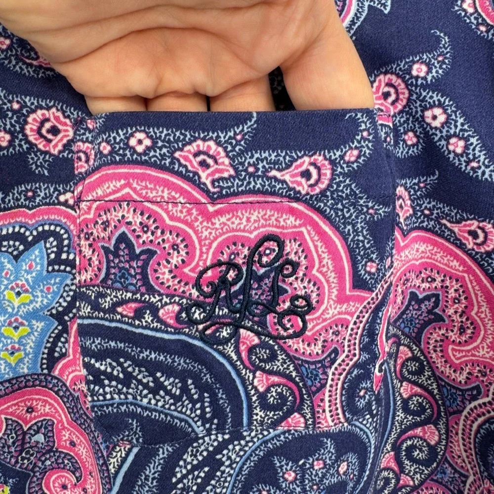 Lauren Ralph Lauren Sleep Shirt Womens L Blue Pink Paisley Cotton Button Front
